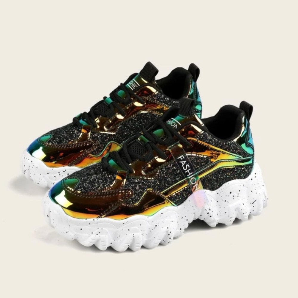 Glitter Detail Lace-Up Front Chunky Sneakers